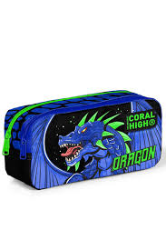 Coral High Kids Siyah Saks Ejderha Desenli İki Bölmeli Kalem Çantası 12057