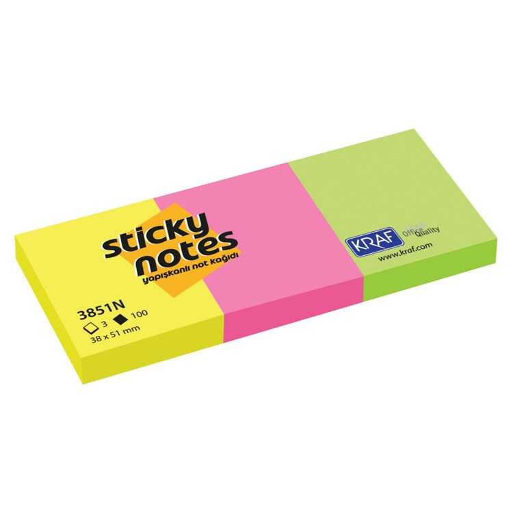 KRAF 3851N YAPIŞKANLI NOT KAĞIDI 38x51 NEON 3'LÜ