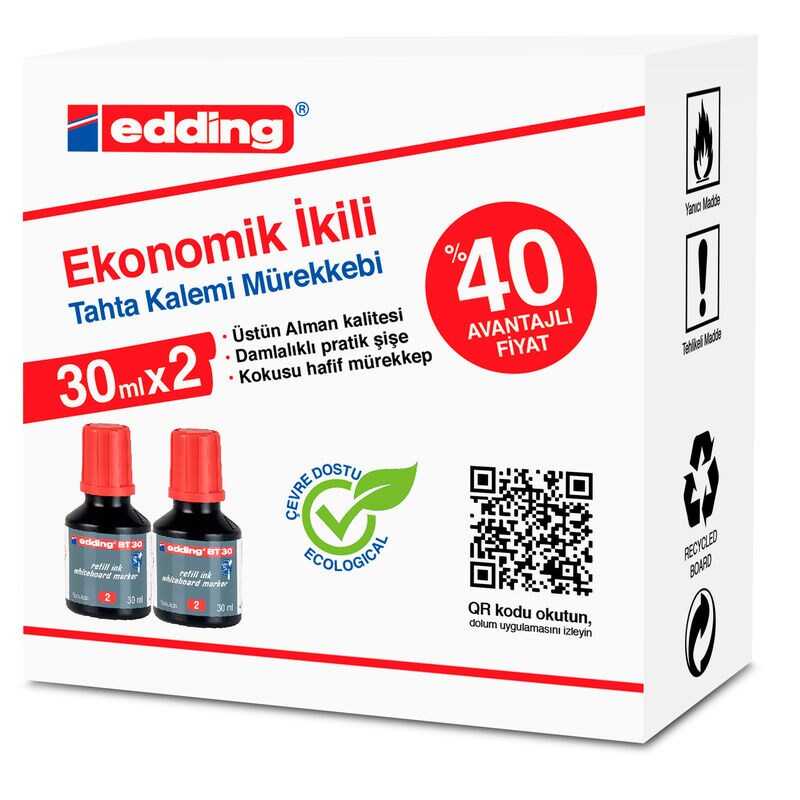 EDDING EDBT30K202 TAHTA KALEM MÜREKKEBİ 2'Lİ 30 ML KIRMIZI