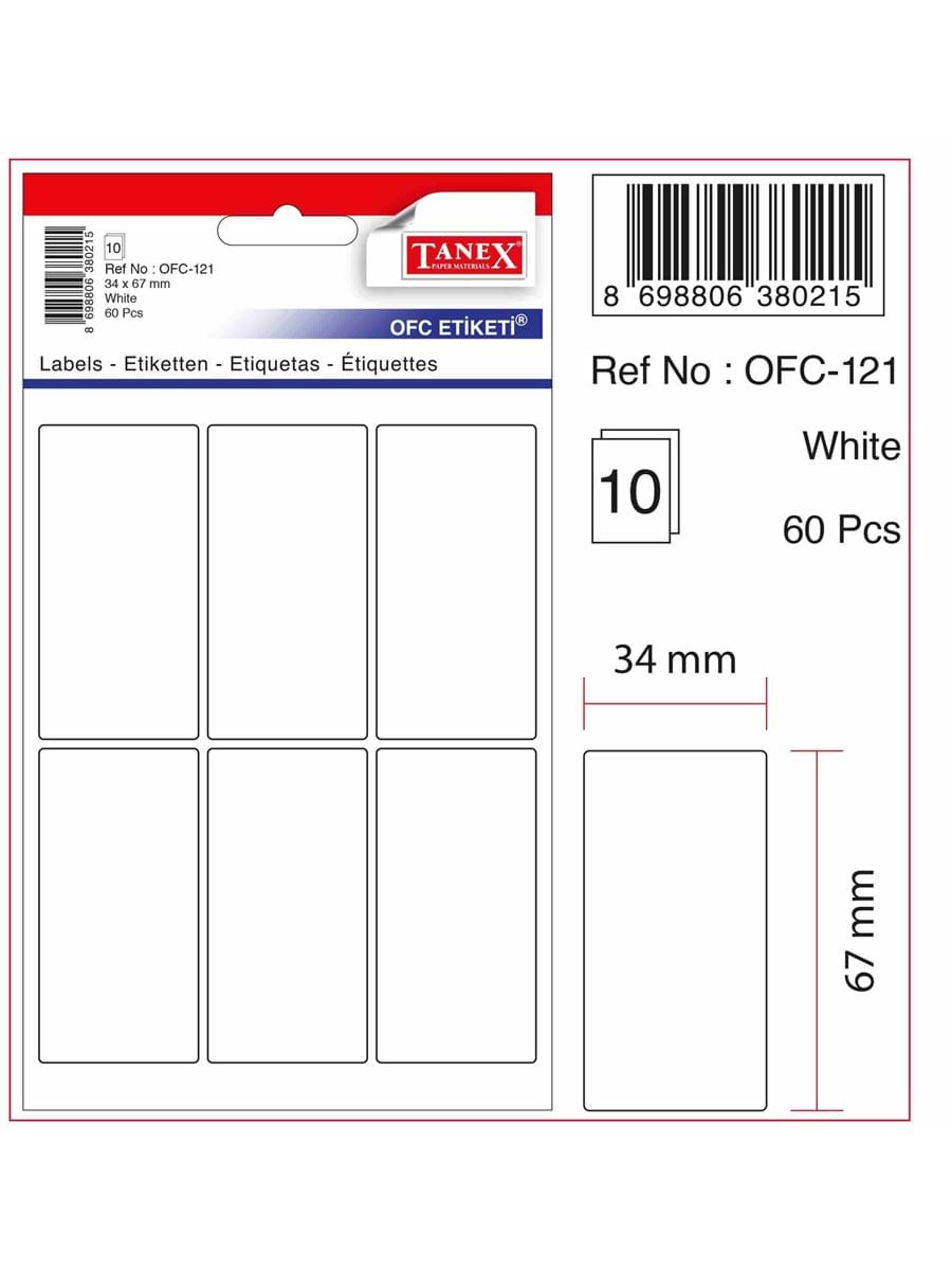 TANEX OFC-121 34x67mm BEYAZ OFİS ETİKETİ 10'LU